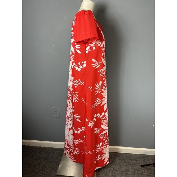 Vintage 70s Womens M Red/White Long Floral Print Hawaiian Maxi Dress Wedding - Picture 6 of 8